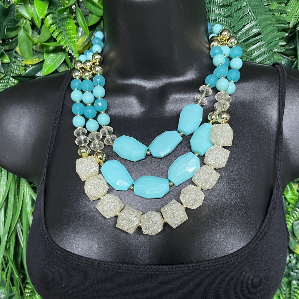 Statement Necklace‎ Turquoise Blue Gold Triple Strand Chunky Geometric Bead 3817